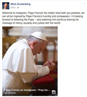 CEO de Facebook da bienvenida al papa a Instagram