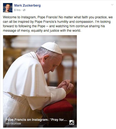 CEO de Facebook da bienvenida al papa a Instagram